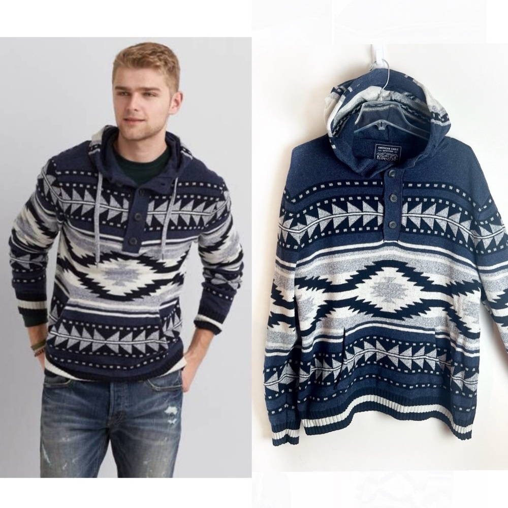 AE American Eagle Men’s Hooded XL Sweater Southwestern Aztec Print Zapotec